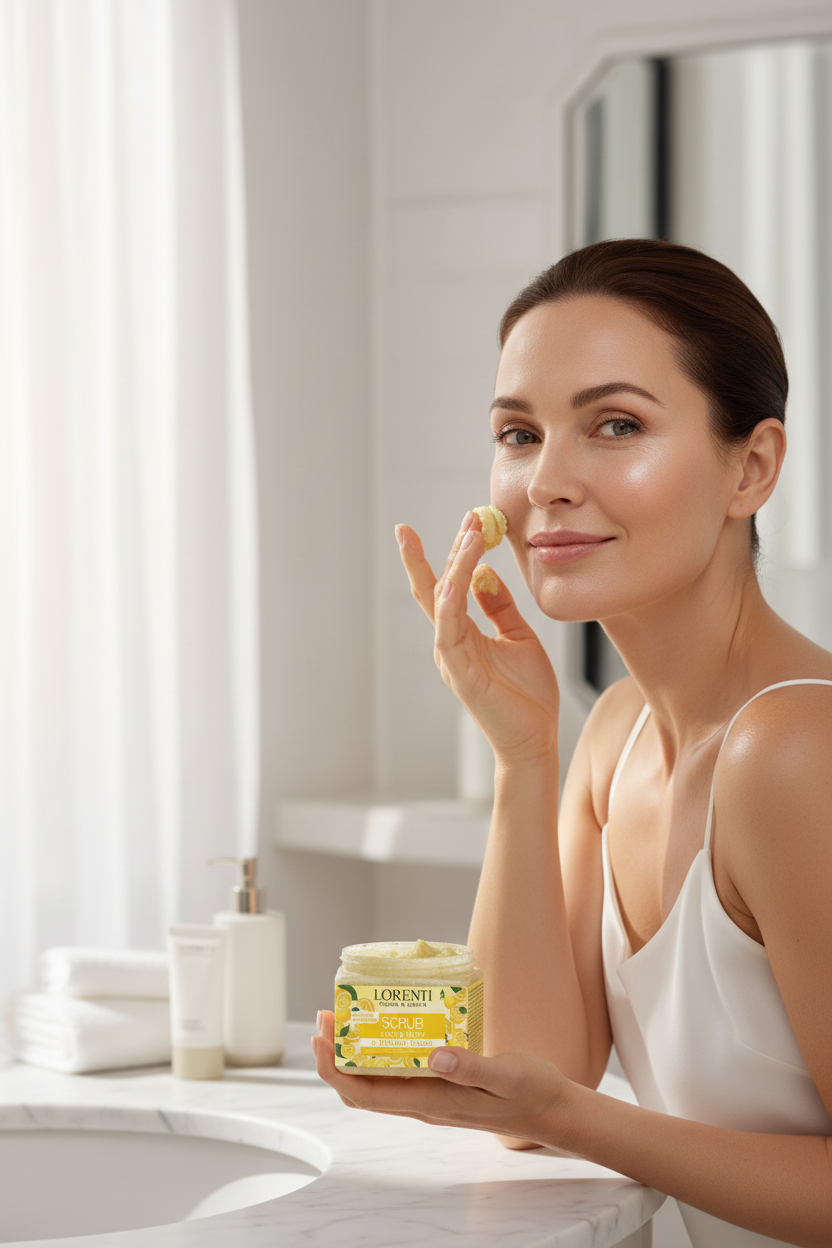 Lorenti - Granulated Natural Vitamin C Lemon Scrub for Face and Body | Antioxidant and Anti-aging Skin Peeling | Exfoliating with Jojoba Oil and Vitamin E